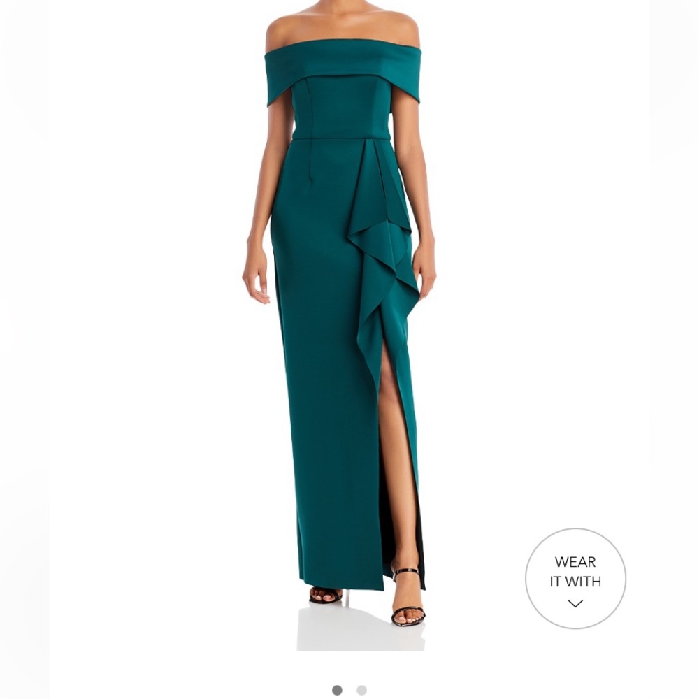 Aqua Cascade off the shoulder gown